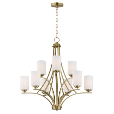 Maxim Lighting Deven Chandelier with a sleek Satin Brass finish, featuring elegant Steel and Glass elements, hanging gracefully in a modern interior.