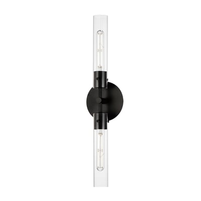 Maxim Lighting Equilibrium Wall Sconce in Black finish, featuring a sleek Steel frame and Glass shade, elegantly mounted on a wall.