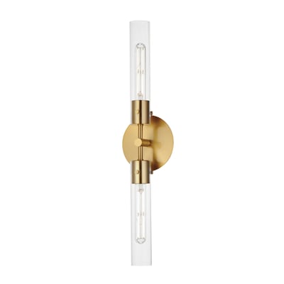 Maxim Lighting Equilibrium Wall Sconce in Natural Aged Brass finish, featuring a sleek design with steel and glass elements.