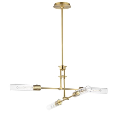 Maxim Lighting Equilibrium Linear Pendant in Natural Aged Brass finish, featuring a sleek steel and glass design, elegantly suspended in a modern setting.