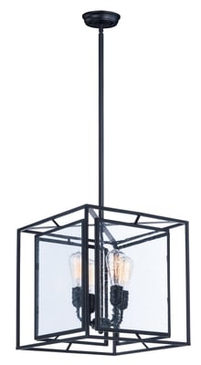 Maxim Lighting Era Square Pendant in Black finish, featuring a sleek steel frame with clear glass panels, hanging elegantly from the ceiling.