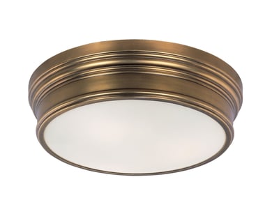 Maxim Lighting Fairmont Flush Mount in Natural Aged Brass finish, featuring a Steel and Glass design with elegant, contemporary detailing.