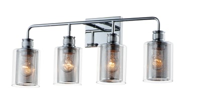 Maxim Lighting Filigree Bath Vanity in Polished Chrome finish, featuring a steel frame with intricate patterns and glass shades, elegantly illuminates a bathroom.