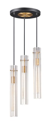 Maxim Lighting Flambeau Pendant in Black with Antique Brass finish, featuring a sleek steel and glass design, hanging elegantly from the ceiling.