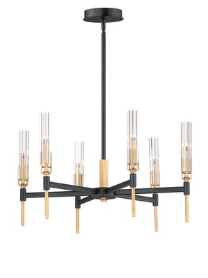 Maxim Lighting Flambeau Chandelier in Black with Antique Brass finish, featuring a steel and glass design with elegant curved arms and candle-style lights.