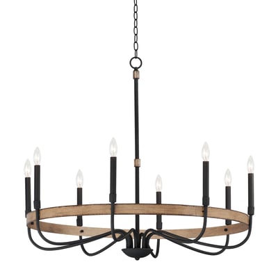Maxim Lighting Franklin Chandelier with a Driftwood and Black finish, crafted from steel, hanging elegantly with multiple lights.