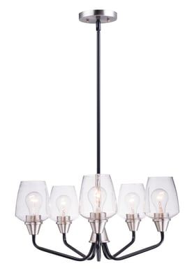 Maxim Lighting Goblet Chandelier in Black with Satin Nickel finish, featuring a sleek design with steel and glass elements, elegantly suspended.