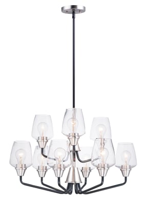 Maxim Lighting Goblet Chandelier in Black with Satin Nickel finish, featuring steel frame and glass shades, elegantly hanging from the ceiling.
