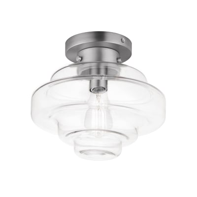 Maxim Lighting Harbor Semi Flush Ceiling Light in Satin Nickel finish, featuring a steel frame with a frosted glass shade, mounted on a ceiling.