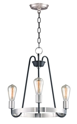Maxim Lighting Haven Chandelier in Steel, featuring a modern design with a Black finish and Satin Nickel accents, elegantly hanging from the ceiling.