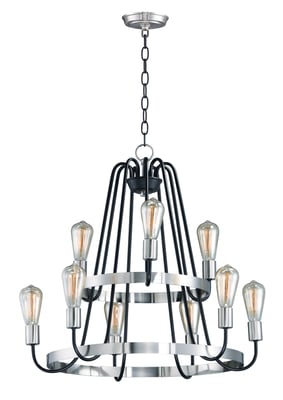 Maxim Lighting Haven Chandelier in Black with Satin Nickel finish, featuring a sleek steel design with multiple arms and modern light fixtures.