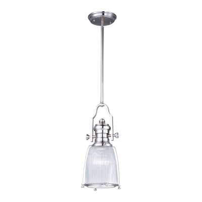 Maxim Lighting Hi-Bay Clear Pendant with a Satin Nickel finish, featuring a Steel frame and Glass shade, hanging elegantly from the ceiling.