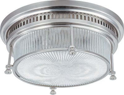Maxim Lighting Hi-Bay Ceiling Flush Mount in Satin Nickel finish, featuring a steel frame and glass shade, suitable for modern interiors.