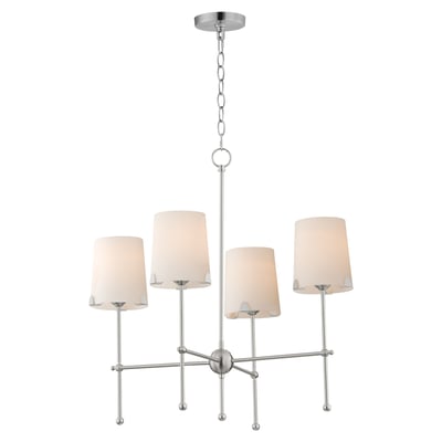 Maxim Lighting Huntington Chandelier in Satin Nickel finish, featuring a steel frame with glass shades, elegantly hanging in a modern interior setting.