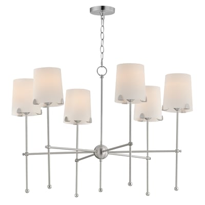 Maxim Lighting Huntington Chandelier in Satin Nickel finish, featuring a steel frame with elegant curves and glass shades, hanging in a modern interior.