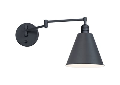 Maxim Lighting Library Swing Arm Wall Sconce in Black Steel finish, featuring an adjustable arm and sleek design, mounted on a white wall.