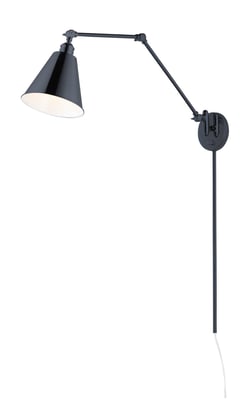 Maxim Lighting Library Swing Arm Plug-In Wall Sconce in Black finish with Brass accents, featuring an adjustable arm and sleek modern design.