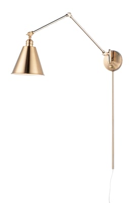Maxim Lighting Library Swing Arm Plug-In Wall Sconce in Heritage finish, featuring a brass arm with an adjustable design and a classic lampshade.
