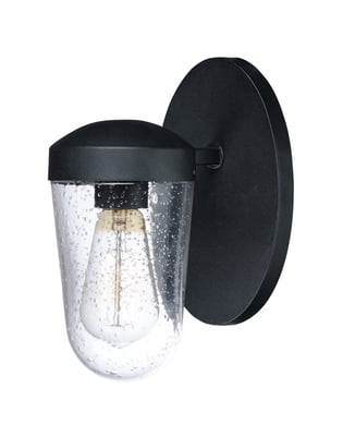 Maxim Lighting Lido Outdoor Wall Light with a sleek black steel frame and clear glass panels, elegantly illuminating the exterior space.