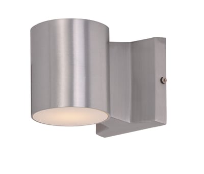 Maxim Lighting Lightray LED Round Outdoor Wall Light in Brushed Aluminum finish, mounted on a wall, emits a soft, modern glow.