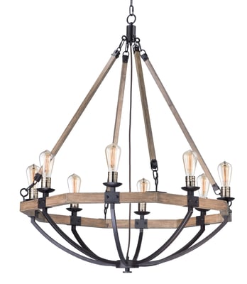 Maxim Lighting Lodge Chandelier with Weathered Oak and Bronze finish, featuring a rustic design with wood and steel elements, hanging in a cozy room.