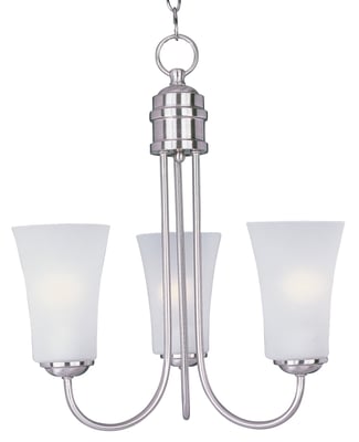 Maxim Lighting Logan Chandelier with a sleek Satin Nickel finish, featuring a modern design with steel and glass elements, elegantly illuminating the space.