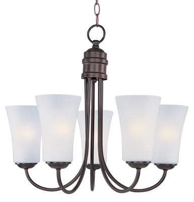 Maxim Lighting Logan Chandelier in Oil Rubbed Bronze finish, featuring a steel frame with glass shades, elegantly hanging from the ceiling.