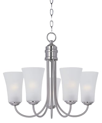 Maxim Lighting Logan Chandelier in Satin Nickel finish with steel frame and glass shades, featuring a modern and elegant design.