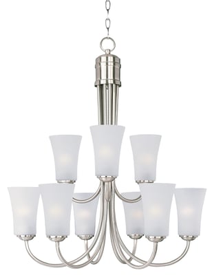 Maxim Lighting Logan Chandelier in Satin Nickel finish, featuring a sleek steel frame with glass shades, elegantly illuminating a modern space.