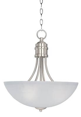 Maxim Lighting Logan Bowl Pendant in Satin Nickel finish, featuring a sleek steel frame with a frosted glass bowl, elegantly suspended for modern interiors.
