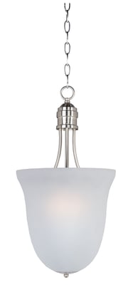 Maxim Lighting Logan Pendant in Satin Nickel finish with a sleek steel frame and a glass shade, elegantly hanging from the ceiling.