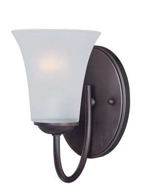 Maxim Lighting Logan Bathroom Wall Sconce with oil rubbed bronze finish, featuring a sleek steel frame and frosted glass shade, mounted on a bathroom wall.