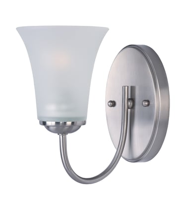 Maxim Lighting Logan Bathroom Wall Sconce in Satin Nickel finish with a sleek steel frame and frosted glass shade, mounted on a bathroom wall.