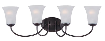 Maxim Lighting Logan Bathroom Vanity Light in Oil Rubbed Bronze finish, featuring a sleek steel frame and frosted glass shades.