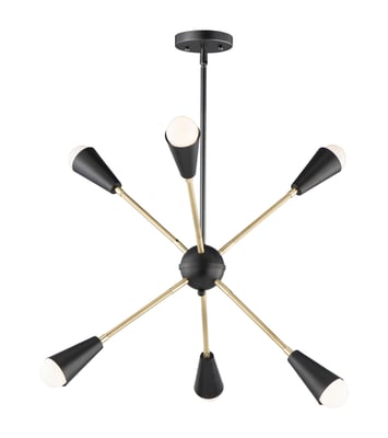 Maxim Lighting Lovell Chandelier in Black with Satin Brass finish, crafted from steel, featuring a modern design with multiple light fixtures.