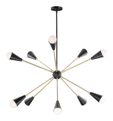 Maxim Lighting Lovell 10-Light Pendant featuring a Steel frame in Black with Satin Brass accents, elegantly hanging from the ceiling.