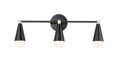 Maxim Lighting Lovell 3-Light Bath Vanity in Black with Satin Brass finish, featuring a sleek steel design with three elegant, cylindrical light fixtures.