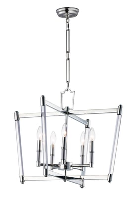 Lucent Chandelier by Maxim Lighting in polished nickel finish, featuring a sleek steel frame and elegant glass accents, hanging in a modern interior setting.