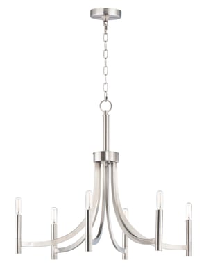 Maxim Lighting Lyndon Chandelier in Satin Nickel finish, featuring a modern design with steel frame and multiple arms holding clear glass shades.