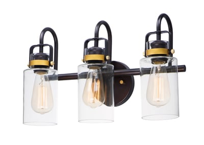 Maxim Lighting Magnolia Bathroom Vanity Light in Bronze with Gold finish, featuring steel and glass materials, elegantly illuminates a modern bathroom space.