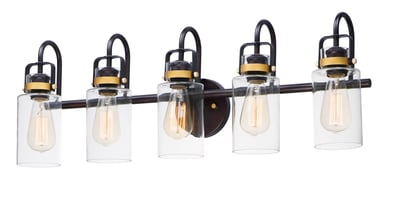 Maxim Lighting Magnolia Bathroom Vanity Light features a Bronze with Gold finish, crafted from Steel and Glass, elegantly illuminating any bathroom space.