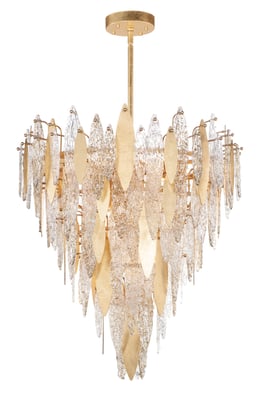 Majestic Chandelier by Maxim Lighting: Elegant steel and glass design with a gold leaf finish, featuring cascading crystal accents and intricate detailing.