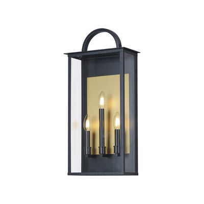 Maxim Lighting Manchester Outdoor Wall Sconce in black aluminum finish, featuring a classic lantern design with clear glass panels for outdoor illumination.