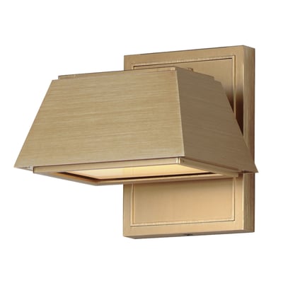 Maxim Lighting Mansard LED Outdoor Sconce in Antique Brass finish, featuring a sleek, rectangular aluminum design with a warm, inviting glow.