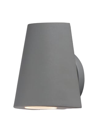 Maxim Lighting Mini Outdoor Wall Sconce in Silver finish, featuring a sleek Aluminum frame with a modern design, illuminating a warm glow.