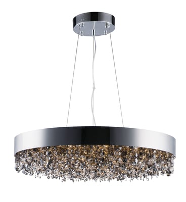 Mystic Pendant by Maxim Lighting features a polished chrome finish with a steel frame and crystal accents, creating a modern and elegant lighting fixture.