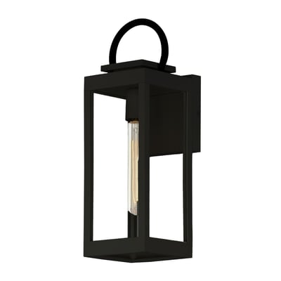 Maxim Lighting Nassau Vivex Outdoor Wall Sconce in Black finish with Steel frame and Glass panels, mounted on a brick wall, illuminating the area.