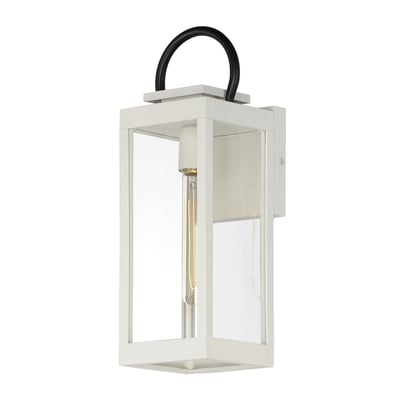 Maxim Lighting Nassau Vivex Outdoor Wall Sconce in white with black finish, featuring a steel frame and glass panels, mounted on a textured wall.