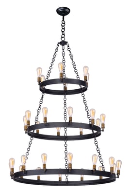 Maxim Lighting Noble Tier Chandelier in Black with Natural Aged Brass finish, featuring a multi-tiered design with steel and brass elements.