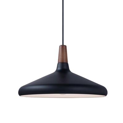 Maxim Lighting Nordic Cone Pendant in Walnut with Black finish, made of Aluminum, hanging from a ceiling, casting a warm glow.